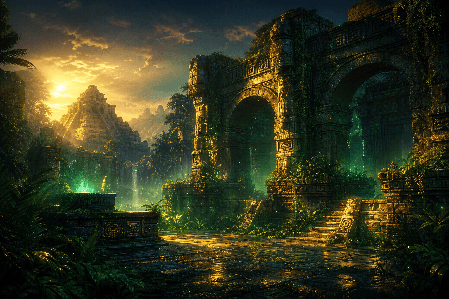 Stylised jungle temple with glowing ancient ruins and a social casino-style slot adventure scene