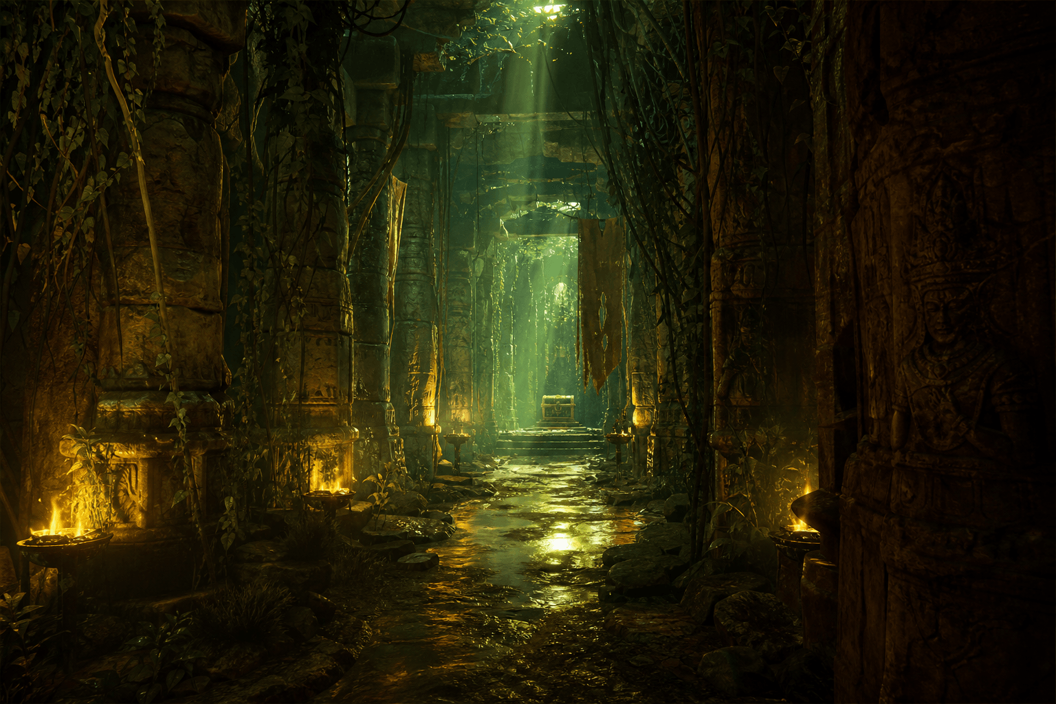 Atmospheric green and gold lighting around ancient temple ruins, illustrating a social-style practice game backdrop